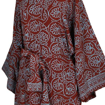 Alternate image for Womens Grey and Burgundy Hand Stamped Batik Belted Robe Morning Aster