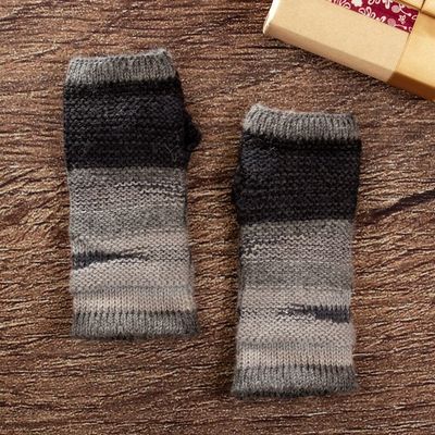 Alternate image for 100 Alpaca Grey and Black Knit Fingerless Mittens from Peru Monochromatic Shades