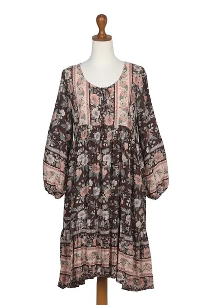 Alternate image for Rayon Batik Tunic Dress with Chocolate Floral Pattern Chocolate Spring