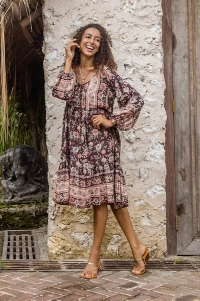 Alternate image for Rayon Batik Tunic Dress with Chocolate Floral Pattern Chocolate Spring