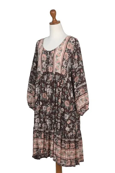 Alternate image for Rayon Batik Tunic Dress with Chocolate Floral Pattern Chocolate Spring
