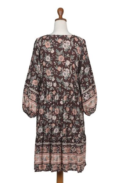 Alternate image for Rayon Batik Tunic Dress with Chocolate Floral Pattern Chocolate Spring