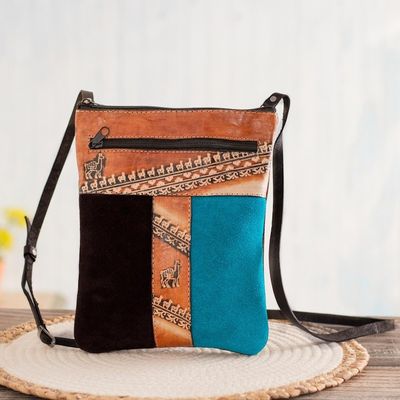 Alternate image for Brown and Teal Llama Pattern Leather Accented Suede Sling The Llama Way