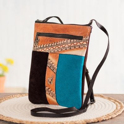 Alternate image for Brown and Teal Llama Pattern Leather Accented Suede Sling The Llama Way