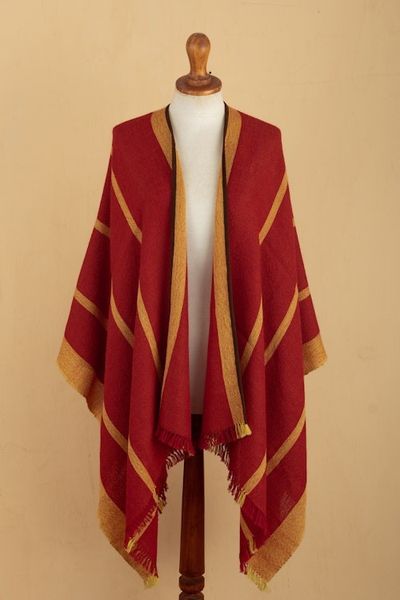 Alternate image for Red Yellow Striped Ruana Woven from 100 Baby Alpaca Red Yellow