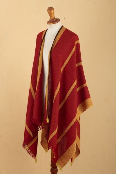 Alternate image for Red Yellow Striped Ruana Woven from 100 Baby Alpaca Red Yellow