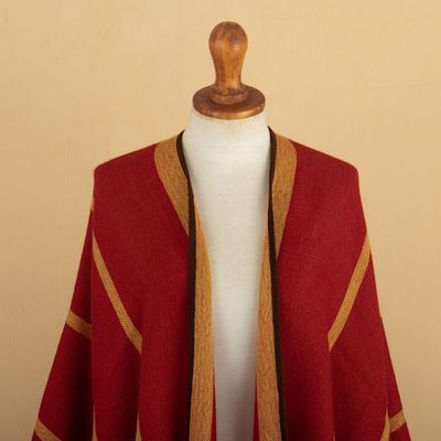 Alternate image for Red Yellow Striped Ruana Woven from 100 Baby Alpaca Red Yellow