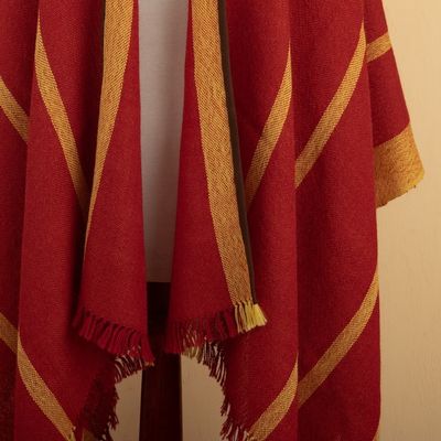 Alternate image for Red Yellow Striped Ruana Woven from 100 Baby Alpaca Red Yellow