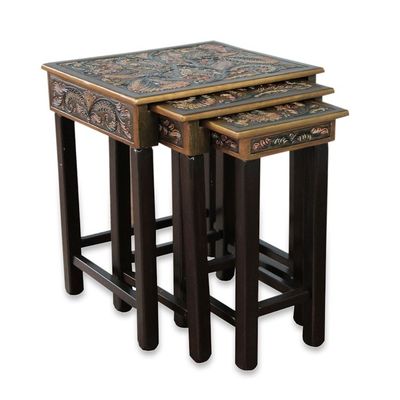 Alternate image for Artisan Crafted Tooled Leather Wood Side Table Set of 3 Bird of Paradise