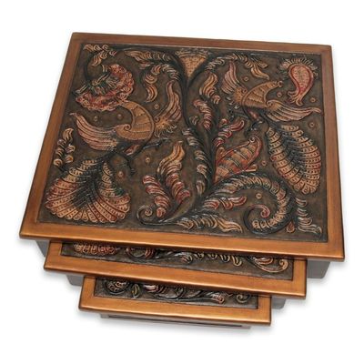 Alternate image for Artisan Crafted Tooled Leather Wood Side Table Set of 3 Bird of Paradise