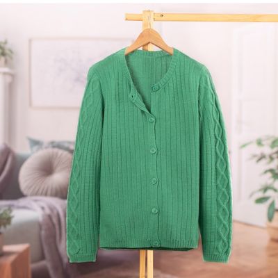 Alternate image for Cable Knit and Striped Green 100 Alpaca Button-Up Sweater Dreamy Green