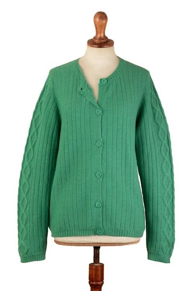 Alternate image for Cable Knit and Striped Green 100 Alpaca Button-Up Sweater Dreamy Green