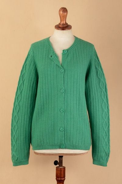 Alternate image for Cable Knit and Striped Green 100 Alpaca Button-Up Sweater Dreamy Green