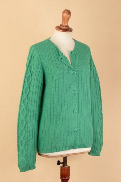 Alternate image for Cable Knit and Striped Green 100 Alpaca Button-Up Sweater Dreamy Green