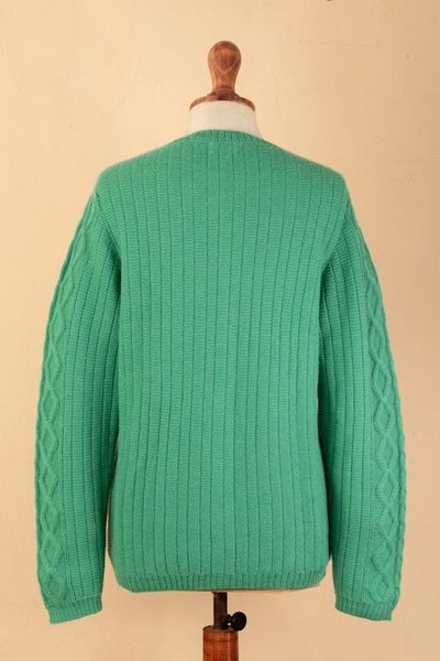 Alternate image for Cable Knit and Striped Green 100 Alpaca Button-Up Sweater Dreamy Green