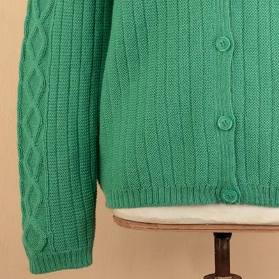 Alternate image for Cable Knit and Striped Green 100 Alpaca Button-Up Sweater Dreamy Green