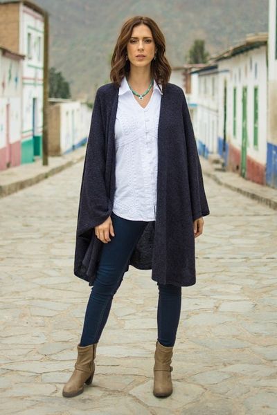 Alternate image for Textured Knit Alpaca Blend Ruana in Blue Shades from Peru Sea Blue