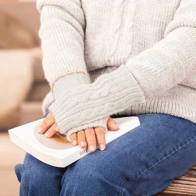 Alternate image for Ivory and Brown 100 Alpaca Reversible Fingerless Mittens Sand Sky