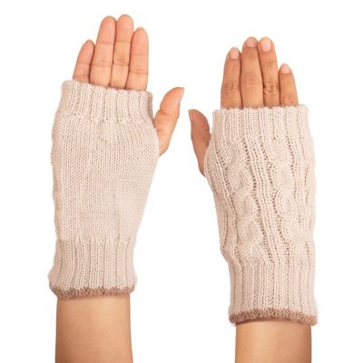 Alternate image for Ivory and Brown 100 Alpaca Reversible Fingerless Mittens Sand Sky