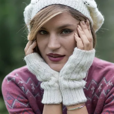 Alternate image for Ivory and Brown 100 Alpaca Reversible Fingerless Mittens Sand Sky