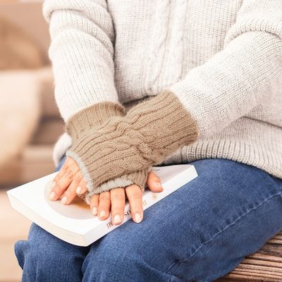 Alternate image for Ivory and Brown 100 Alpaca Reversible Fingerless Mittens Sand Sky