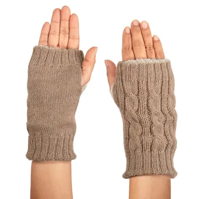 Alternate image for Ivory and Brown 100 Alpaca Reversible Fingerless Mittens Sand Sky