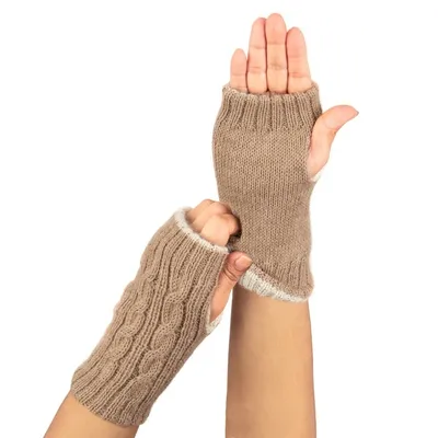 Alternate image for Ivory and Brown 100 Alpaca Reversible Fingerless Mittens Sand Sky