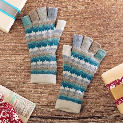 Alternate image for Knit Ivory Blue and Grey 100 Baby Alpaca Fingerless Gloves Teal Colorful Life