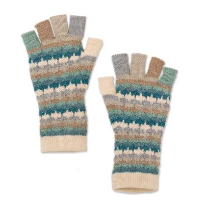 Alternate image for Knit Ivory Blue and Grey 100 Baby Alpaca Fingerless Gloves Teal Colorful Life