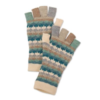 Alternate image for Knit Ivory Blue and Grey 100 Baby Alpaca Fingerless Gloves Teal Colorful Life