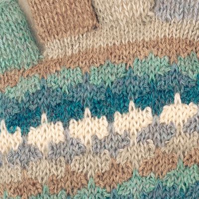 Alternate image for Knit Ivory Blue and Grey 100 Baby Alpaca Fingerless Gloves Teal Colorful Life