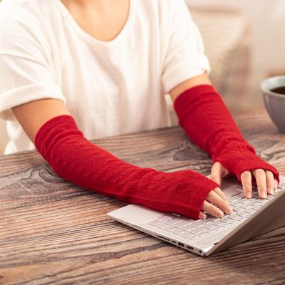 Alternate image for Red 100 Baby Alpaca Cable Knit Fingerless Mitts from Peru Luscious Twist in Poppy