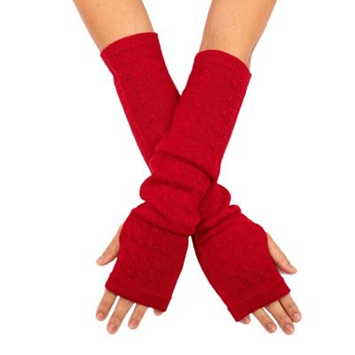 Alternate image for Red 100 Baby Alpaca Cable Knit Fingerless Mitts from Peru Luscious Twist in Poppy