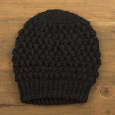 Alternate image for Hand-Crocheted Bubble Pattern Black Alpaca Cozy Winter Hat Bubbly Black