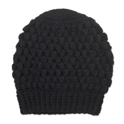 Alternate image for Hand-Crocheted Bubble Pattern Black Alpaca Cozy Winter Hat Bubbly Black