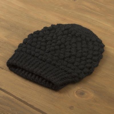 Alternate image for Hand-Crocheted Bubble Pattern Black Alpaca Cozy Winter Hat Bubbly Black