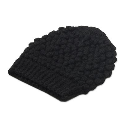 Alternate image for Hand-Crocheted Bubble Pattern Black Alpaca Cozy Winter Hat Bubbly Black