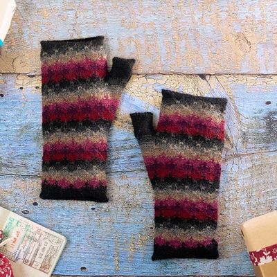 Alternate image for Knit Black Grey and Purple 100 Baby Alpaca Fingerless Mitts Magic in Purple