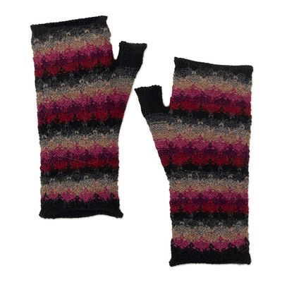 Alternate image for Knit Black Grey and Purple 100 Baby Alpaca Fingerless Mitts Magic in Purple