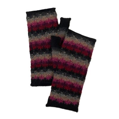 Alternate image for Knit Black Grey and Purple 100 Baby Alpaca Fingerless Mitts Magic in Purple