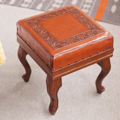 Alternate image for Leather and Wood Ottoman Inca Frieze