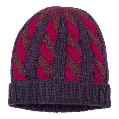 Alternate image for Cable Knit Alpaca Blend Hat in Fuchsia and Purple Hues Braided Fuchsia