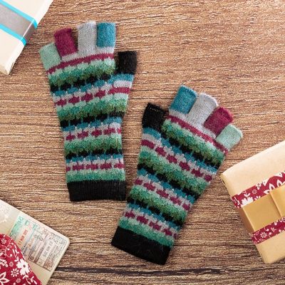 Alternate image for Colorful 100 Baby Alpaca Fingerless Gloves Knitted in Peru Magenta Colorful Life