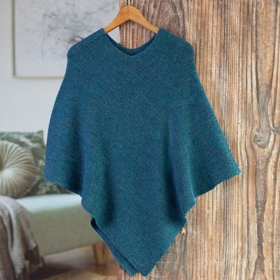 Alternate image for Teal 100 Alpaca Poncho Crafted in Peru Pacific Waves