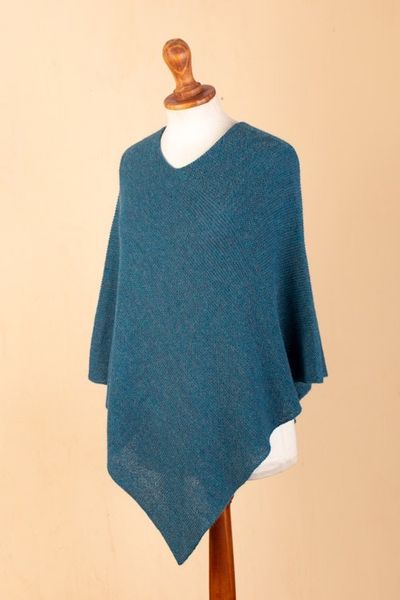 Alternate image for Teal 100 Alpaca Poncho Crafted in Peru Pacific Waves