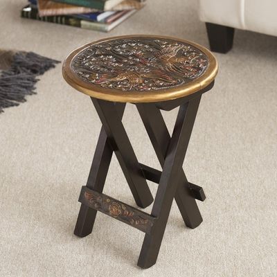 Alternate image for Unique Wood Leather Brown Accent Folding Table Bird of Paradise