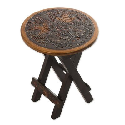 Alternate image for Unique Wood Leather Brown Accent Folding Table Bird of Paradise