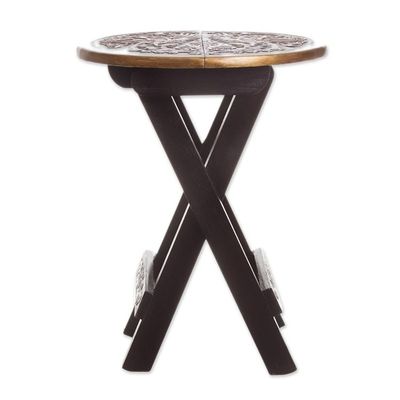 Alternate image for Unique Wood Leather Brown Accent Folding Table Bird of Paradise