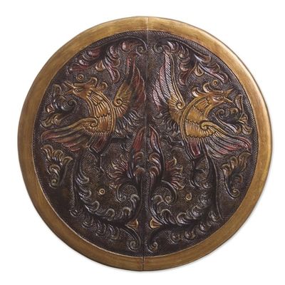 Alternate image for Unique Wood Leather Brown Accent Folding Table Bird of Paradise