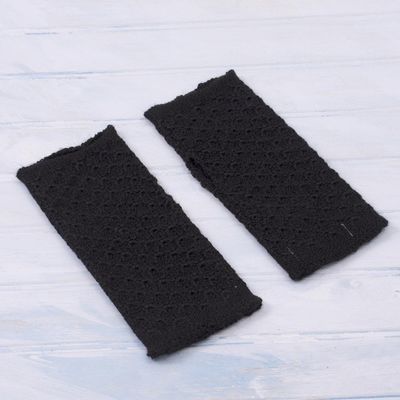 Alternate image for Patterned 100 Baby Alpaca Fingerless Mitts in Black Passionate Pattern in Black